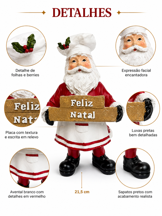 Papai Noel Cozinheiro Decorativo com Placa Feliz Natal 21,5 cm