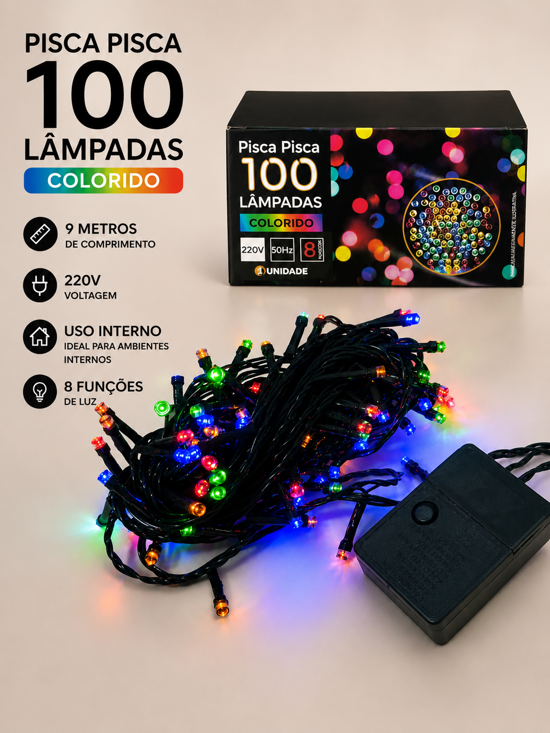 CORDÃO 100 LEDS C/ 8 FUNÇÕES 220V COLORIDO