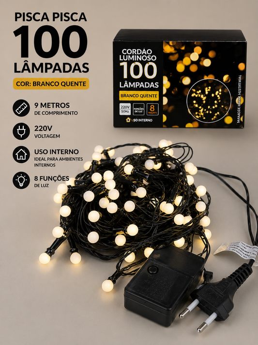 CORDÃO 100 LEDS C/ 8 FUNÇÕES 220V BRANCO QUENTE