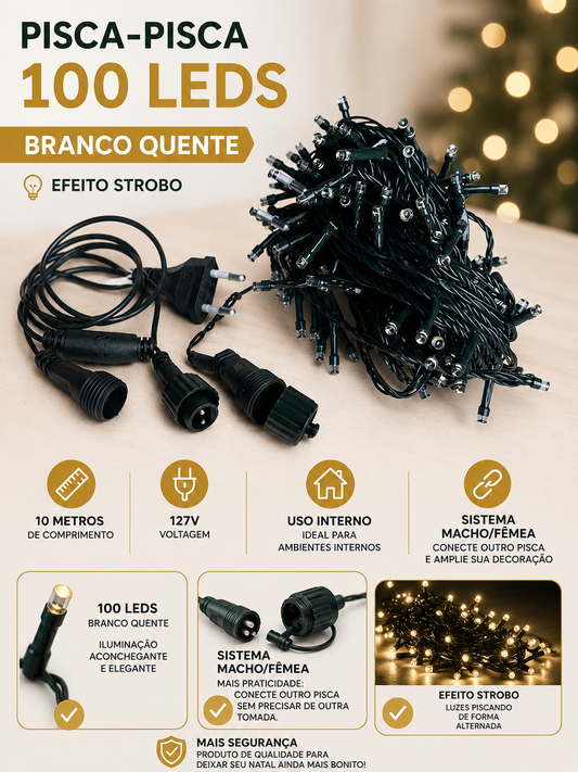 CORDÃO 100 LEDS C STROBO MACHO E FEMEA BRANCO QUENTE