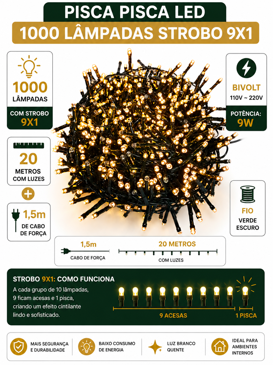 PISCA PISCA C/ STROBO 1000 LEDS 20M 9X1