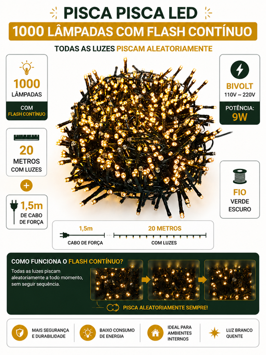 PISCA PISCA STROBO 1000 LEDS 20M FLASH CONTINUO BIVOLT