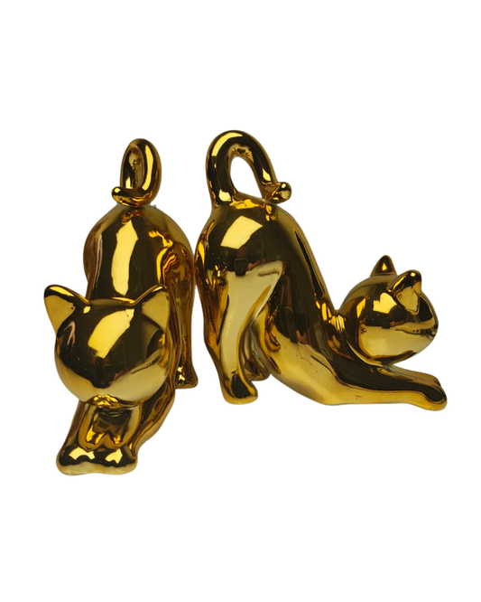 kit Escultura Gato Dourado Decorativo 10,5cm