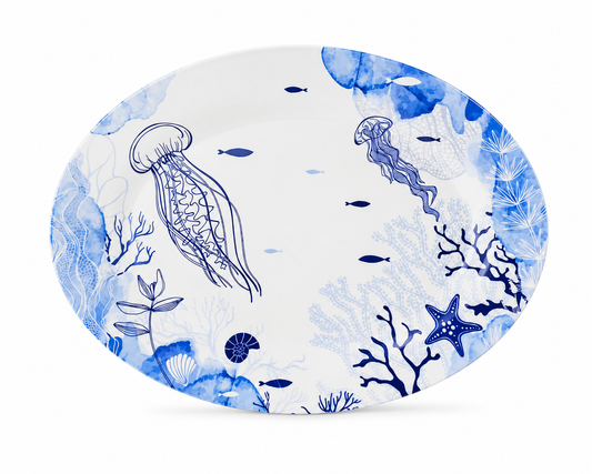 TRAVESSA OVAL MELAMINA NAUTICA AZUL E BRANCO 35,4CM X 25,7CM