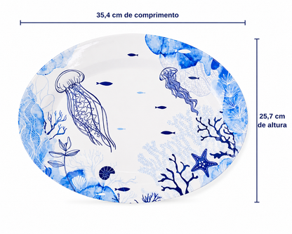 TRAVESSA OVAL MELAMINA NAUTICA AZUL E BRANCO 35,4CM X 25,7CM