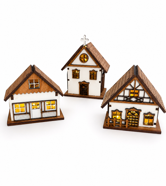 Kit 3 Casinhas Decorativas em MDF com Luz Fio de Fada