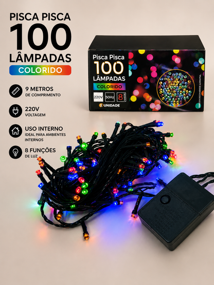CORDÃO 100 LEDS C/ 8 FUNÇÕES 220V COLORIDO