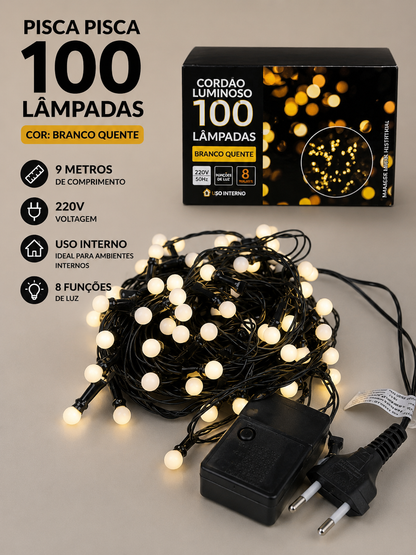 CORDÃO 100 LEDS C/ 8 FUNÇÕES 220V BRANCO QUENTE