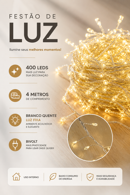 FESTÃO DE LUZ FIXA 400 LEDS 4M