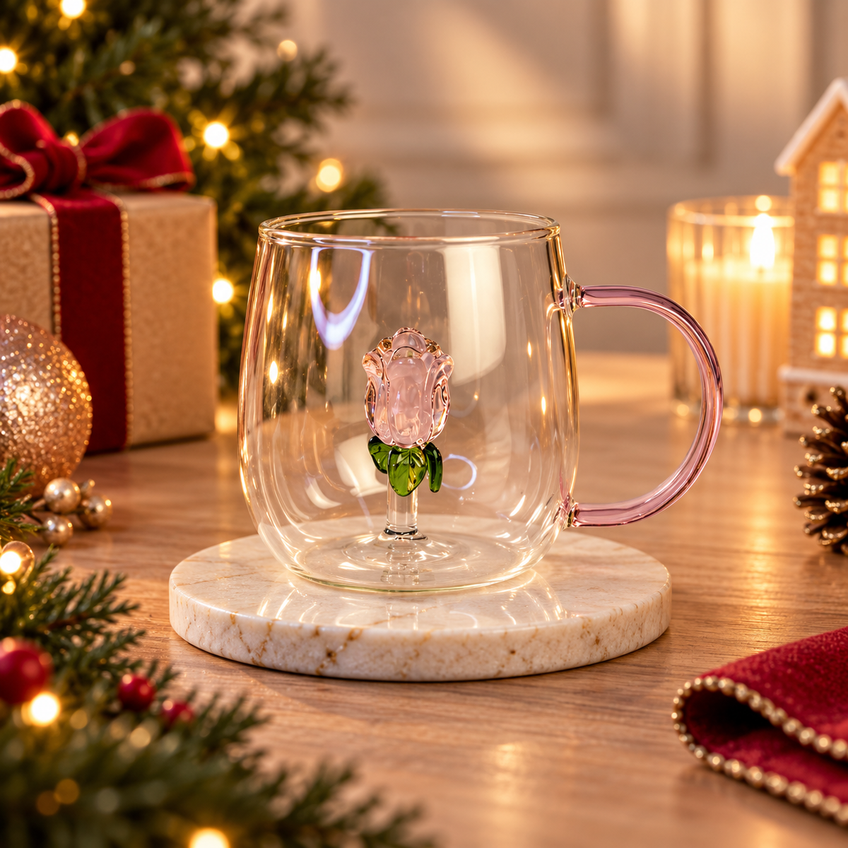 Caneca de Vidro 400ml Decorativa Rosa