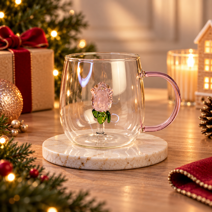 Caneca de Vidro 400ml Decorativa Rosa