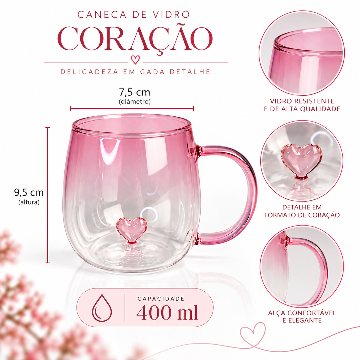 Caneca de Vidro 400ml Decorativa Coração