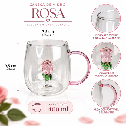 Caneca de Vidro 400ml Decorativa Rosa