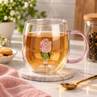 Caneca de Vidro 400ml Decorativa Rosa