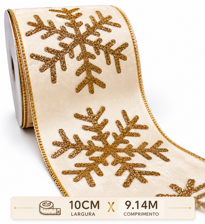 FITA ARAMADA BEGE C/ GLITTER DOURADO 10CM X 9.14M