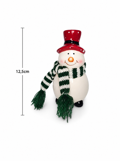 BONECO DE NEVE EM CERÂMICA C/ CACHECOL VERDE 12,5CM