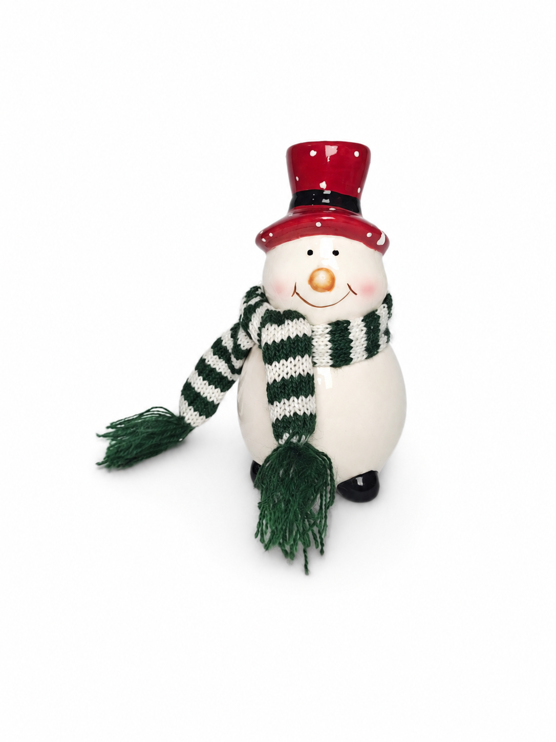 BONECO DE NEVE EM CERÂMICA C/ CACHECOL VERDE 12,5CM
