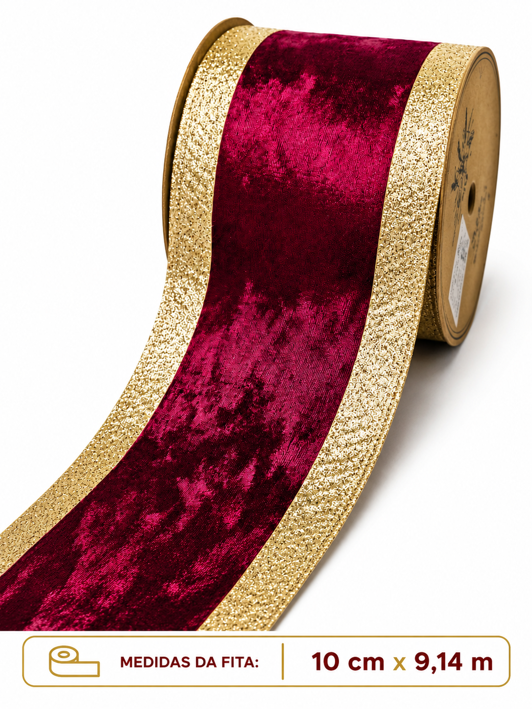 FITA ARAMADA VINHO AVELUDADA C/ DOURADO 10CM X 9.14M