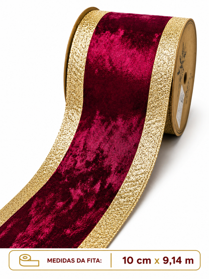 FITA ARAMADA VINHO AVELUDADA C/ DOURADO 10CM X 9.14M