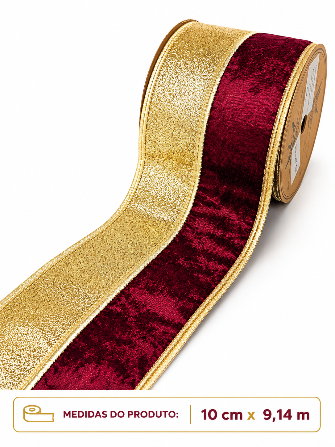 FITA ARAMADA 1/2 VINHO AVELUDADA C/ 1/2  GLITTER DOURADO 10CM X 9.14M