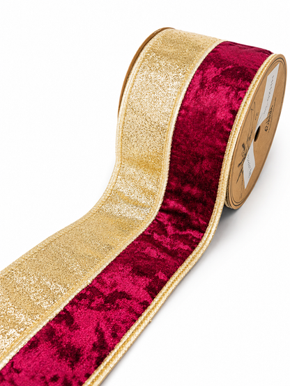 FITA ARAMADA 1/2 VINHO AVELUDADA C/ 1/2  GLITTER DOURADO 10CM X 9.14M
