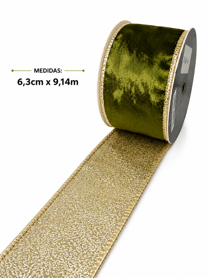 FITA ARAMADA DUPLA FACE VER AVELUDADO C/ GLITTER 6.3CM X 9.14M