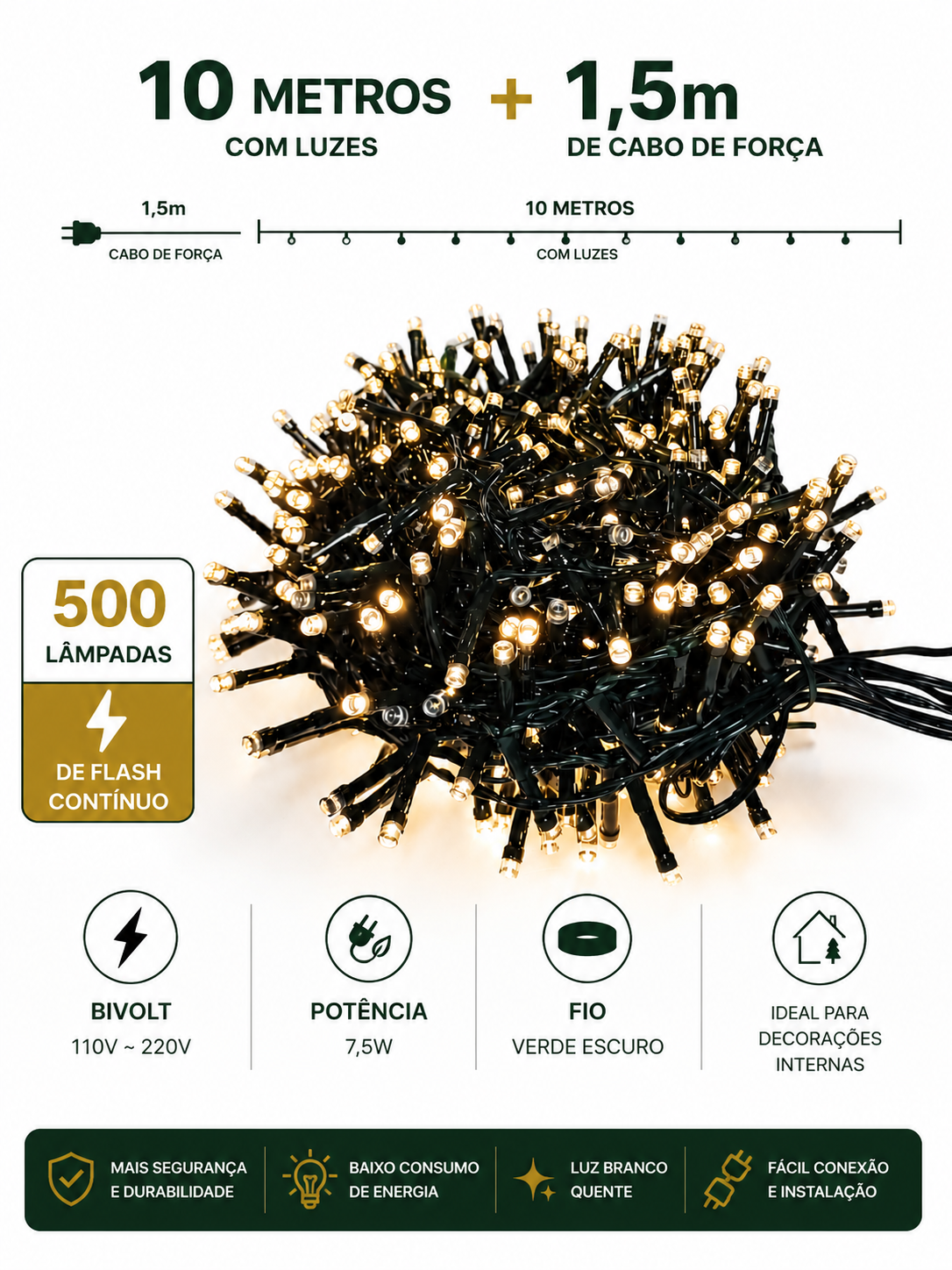 PISCA PISCA STROBO 500 LEDS 10M FLASH CONTINUO BIVOLT