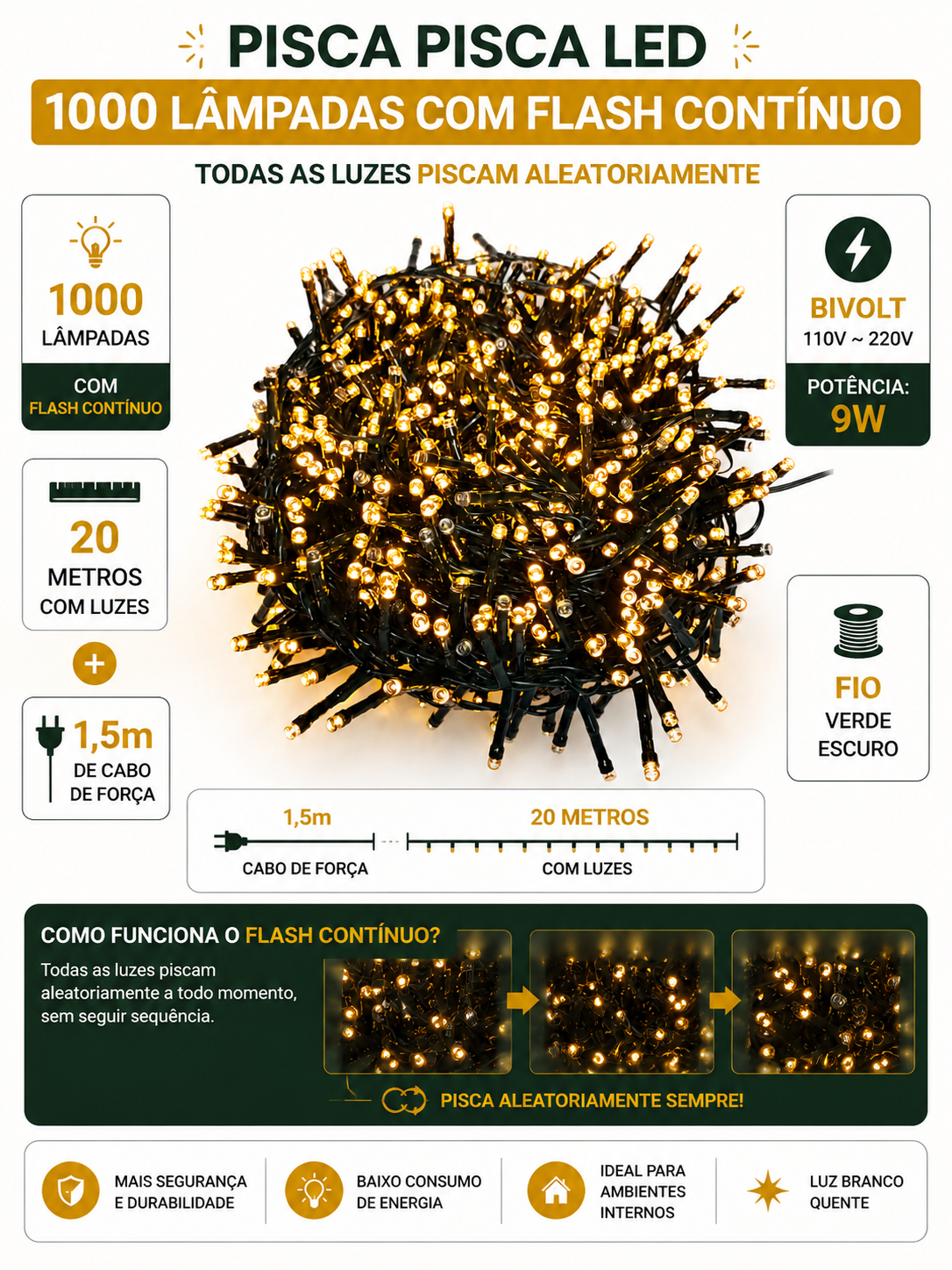 PISCA PISCA STROBO 1000 LEDS 20M FLASH CONTINUO BIVOLT