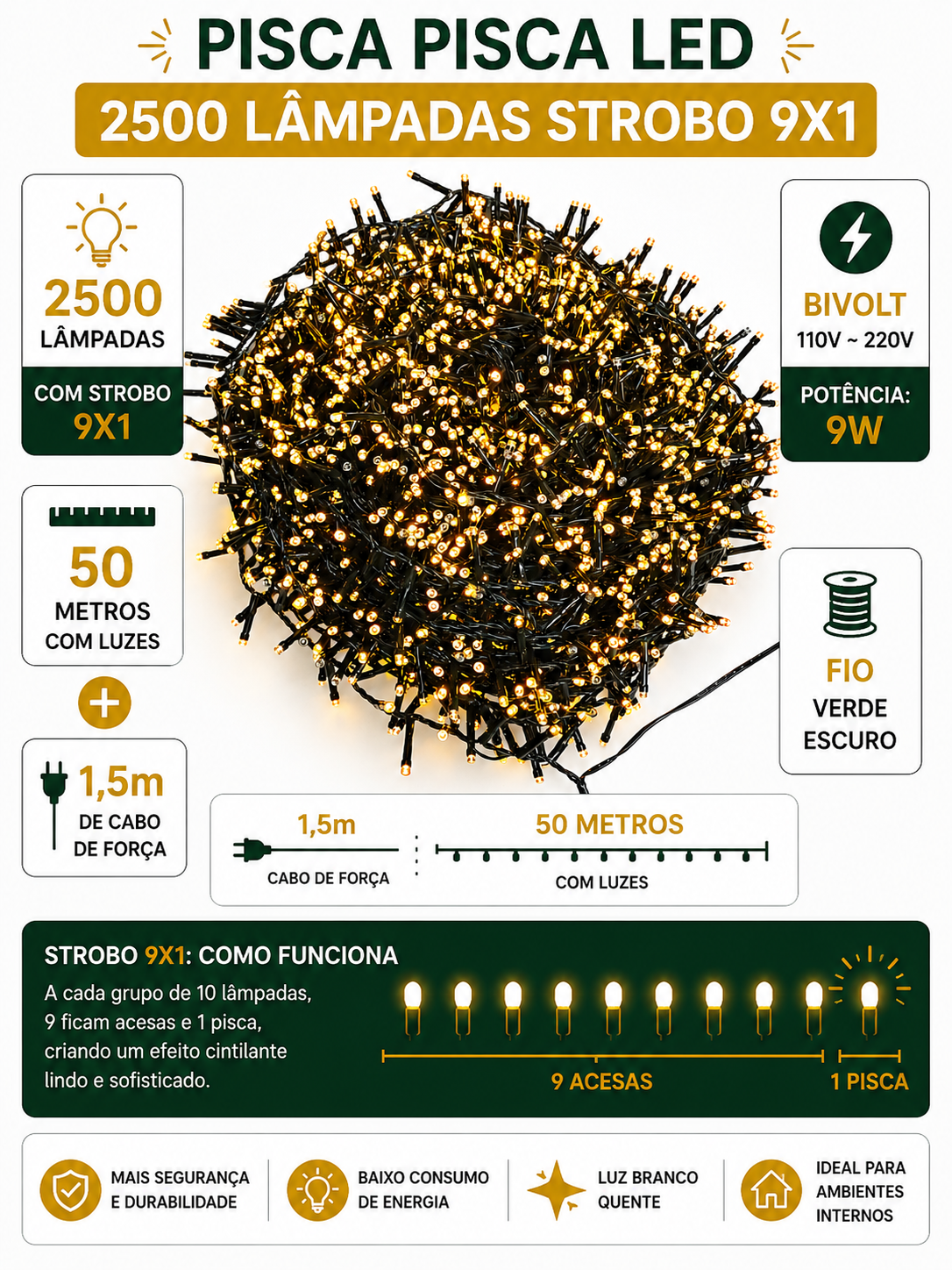 PISCA PISCA C/ STROBO 2500 LEDS 50M 9X1 BIVOLT