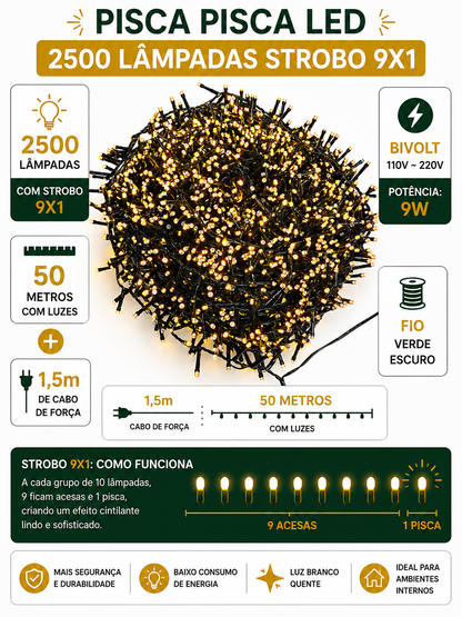 PISCA PISCA C/ STROBO 2500 LEDS 50M 9X1 BIVOLT
