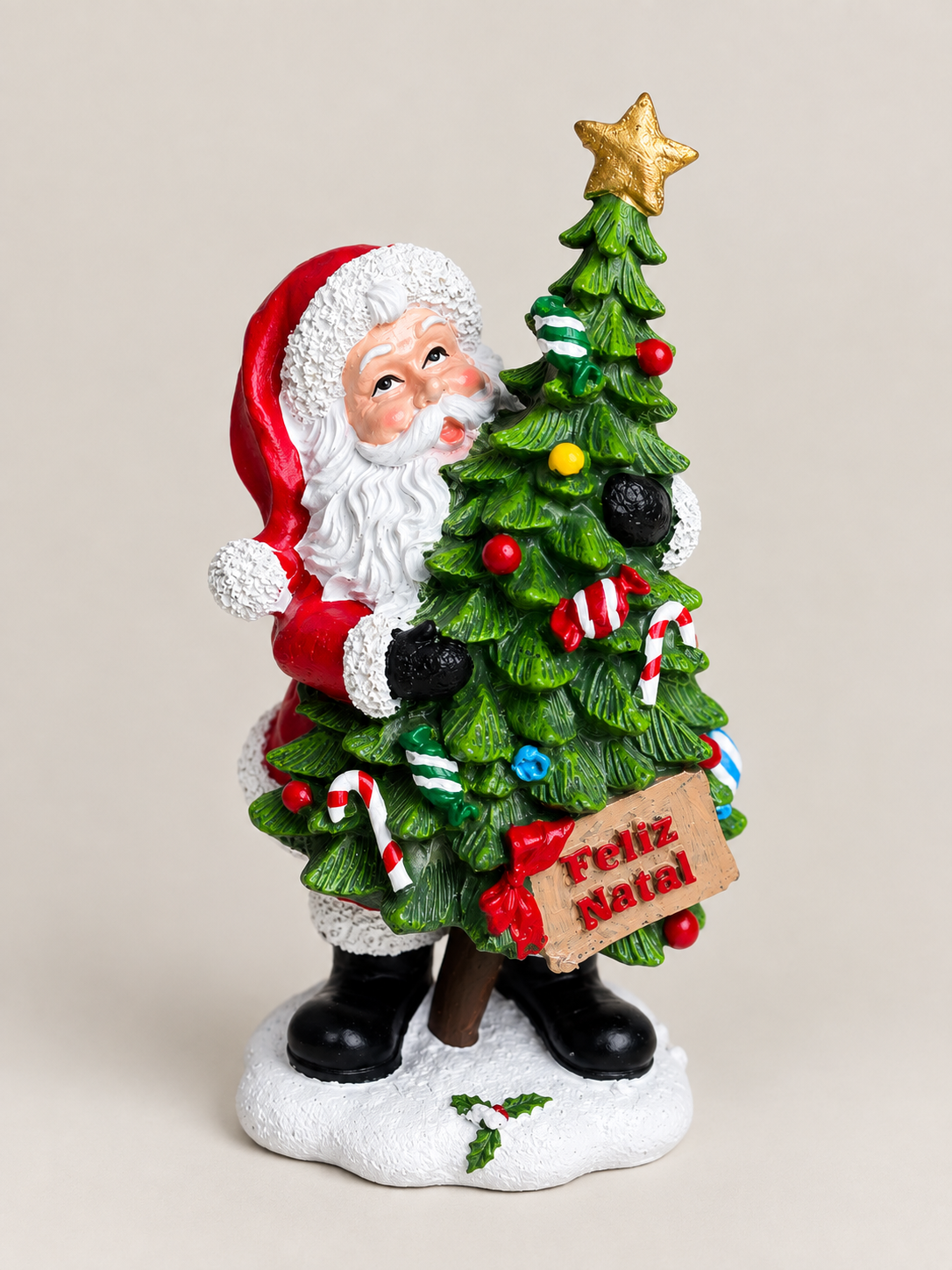 Papai Noel Decorativo com Árvore Feliz Natal 25cm
