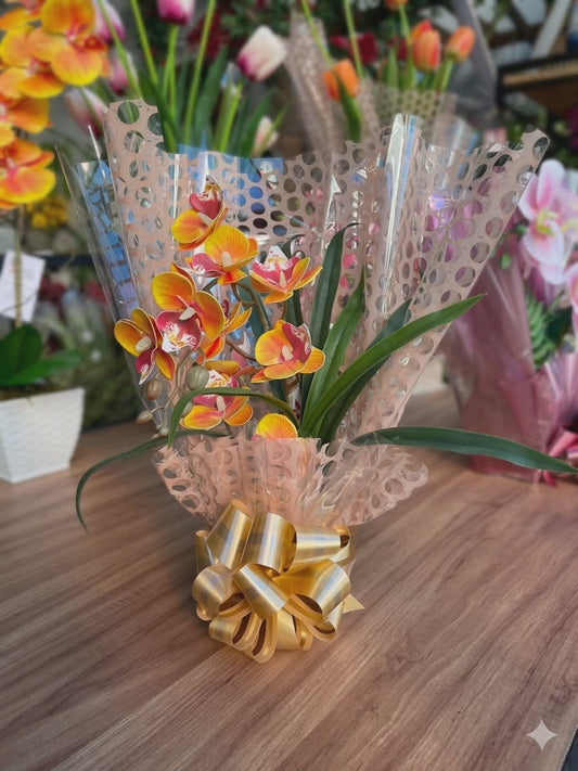 Arranjo de Orquídea Amarelo-Laranja